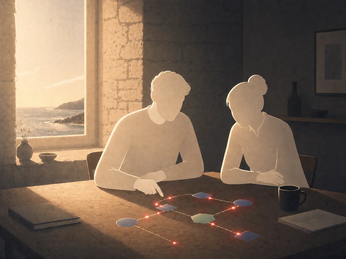 Workspace consultant numérique avec carnet, calculs et constellation IA flottante au-dessus d'une table de travail